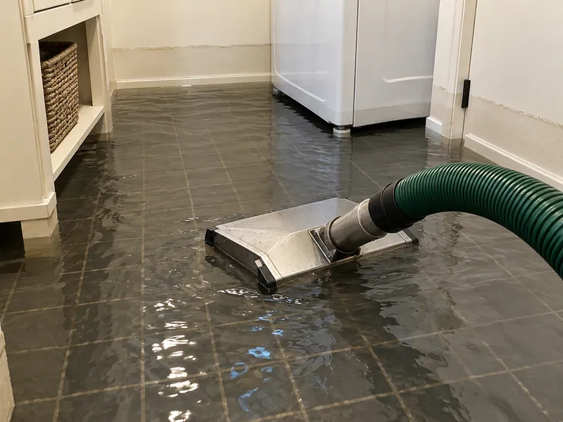 Water Extraction in Harker Heights — silver extraction head and green hose reaching pooled tile